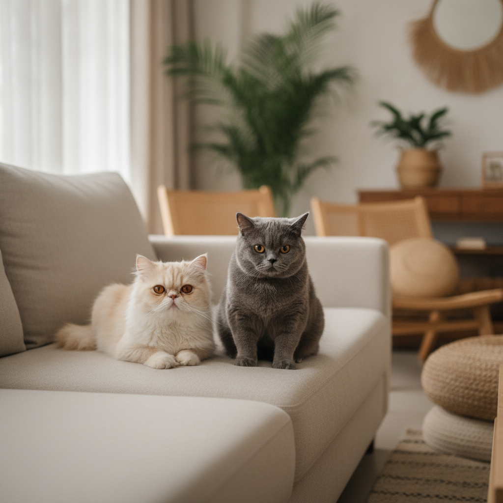 Seekor Persian berbulu lebat dan seekor British Shorthair biru duduk bersebelahan di sofa dalam rumah Malaysia