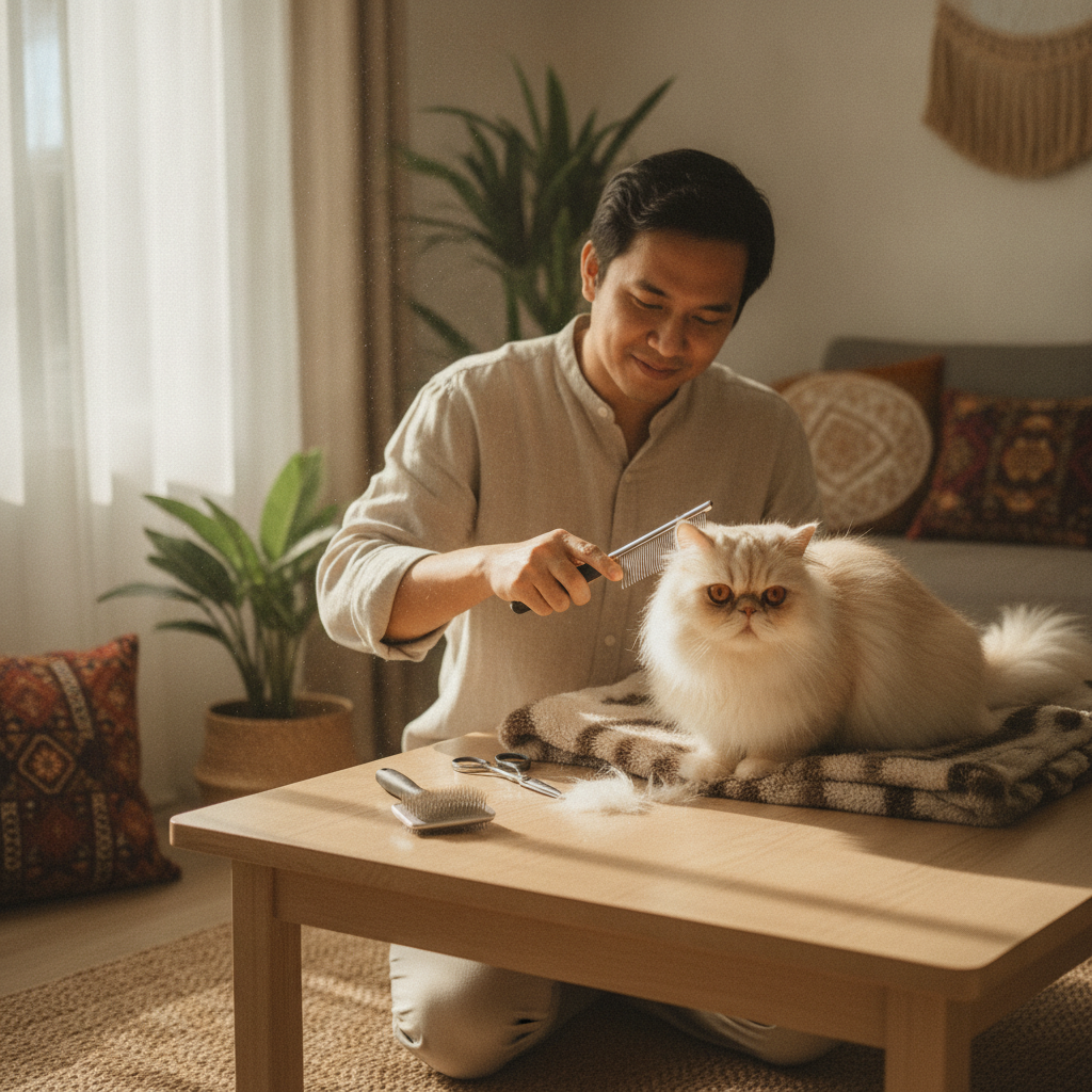 A long-haired Persian cat being brushed with grooming tools in a Malaysian home