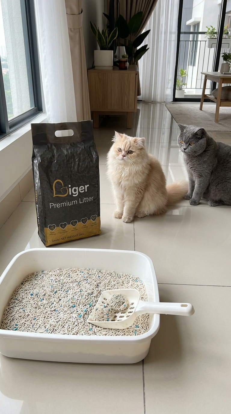Liger Premium Tofu Cat Litter pack beside a litter tray with a Persian and British Shorthair nearby