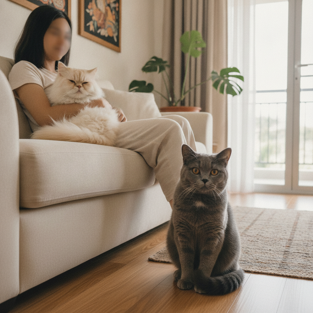 A Persian being cuddled and a British Shorthair sitting independently nearby
