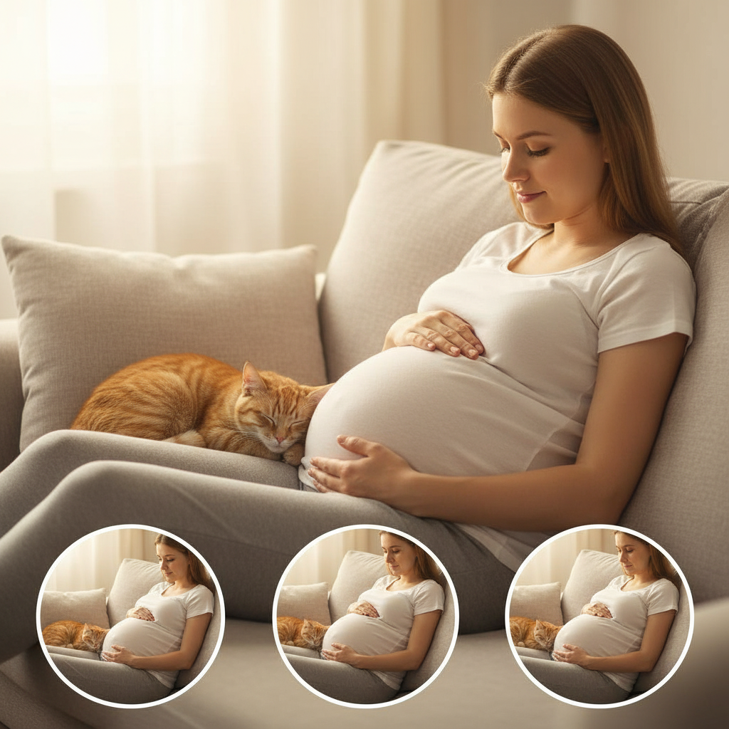 孕妇与猫伴随三个孕期阶段