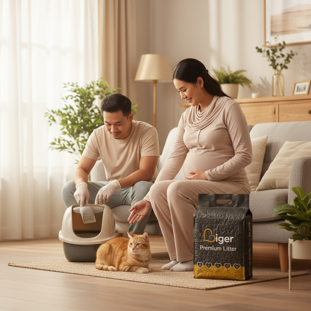 马来西亚孕妇安全地抚摸自家猫,伴侣戴着手套清理猫砂盆