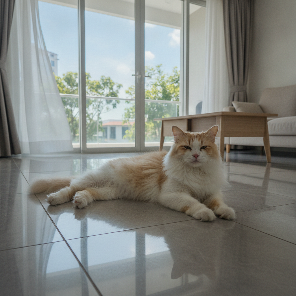 A Ragamuffin cat resting on cool tiles in a Malaysian home to beat the tropical heat
