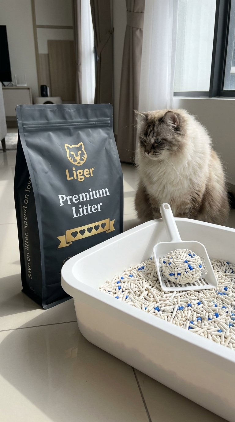 Liger Premium tofu cat litter beside a clean litter box for a Ragamuffin cat in a Malaysian home