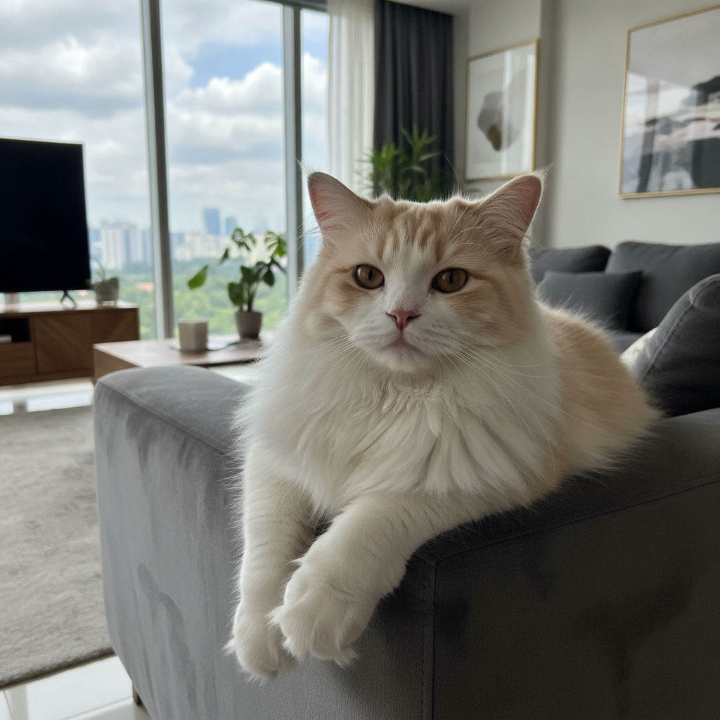 A large fluffy Ragamuffin cat sitting contentedly on a sofa in a Malaysian home