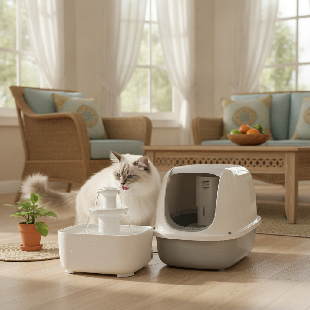 A Ragdoll cat drinking from a water fountain near its litter box, showing hydration for urinary health