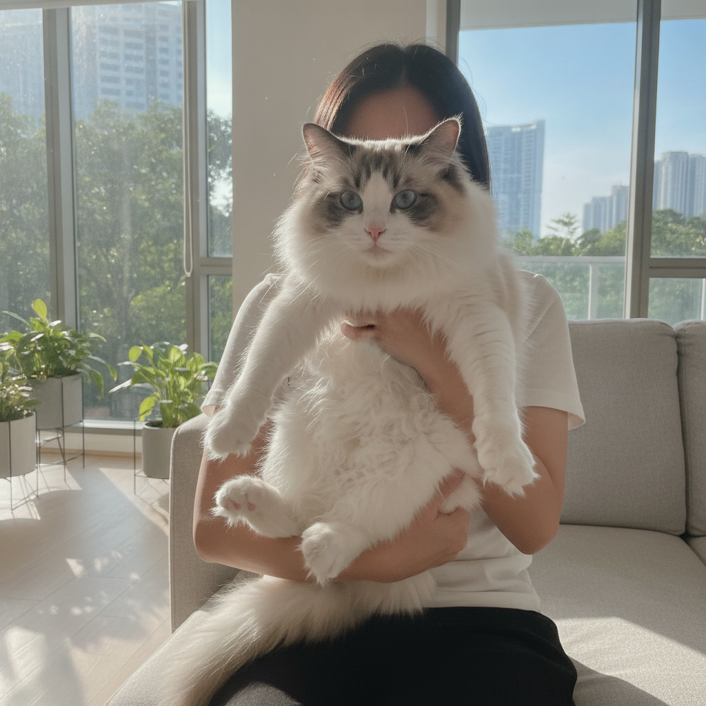 A docile blue-eyed Ragdoll cat relaxing limply in its owner's arms indoors in Malaysia