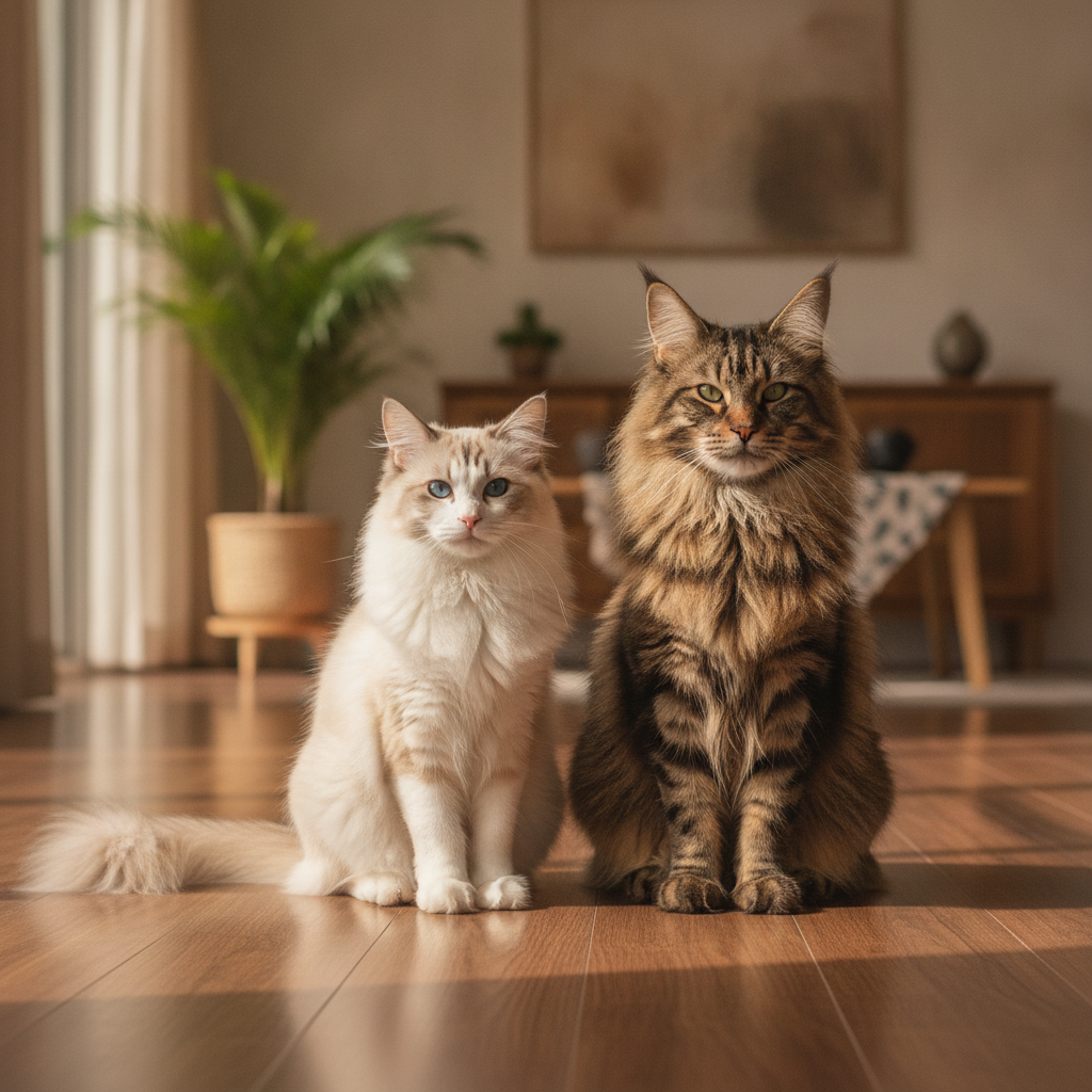 Seekor Ragdoll bicolour dan seekor Maine Coon coklat tabby duduk berdampingan di sebuah rumah Malaysia