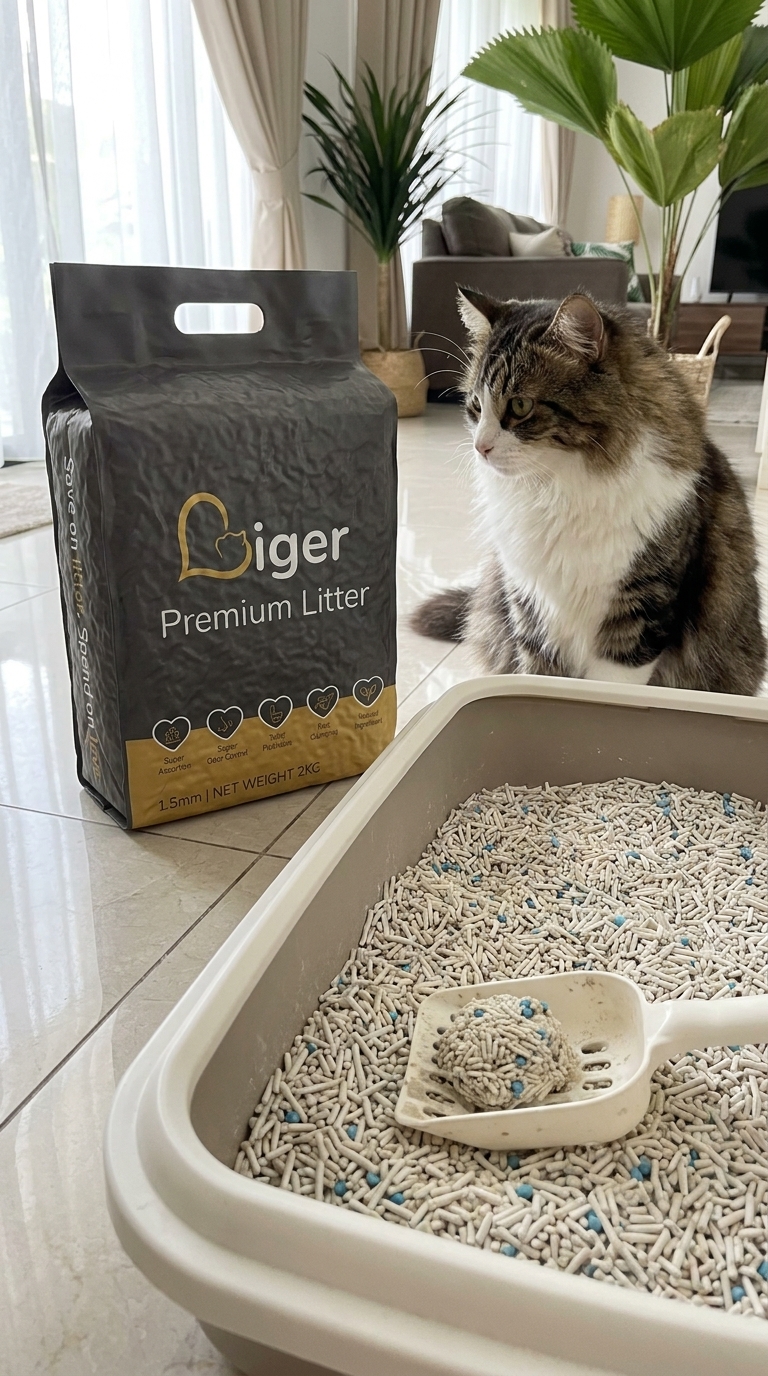 Liger Premium Tofu Cat Litter pack beside a large litter tray with a long-haired cat nearby