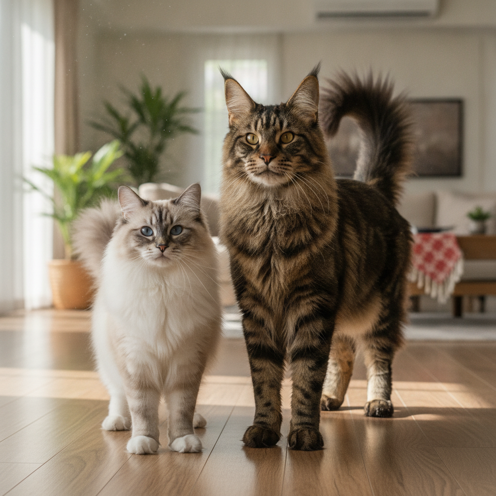 A Ragdoll standing beside a larger Maine Coon showing their size difference