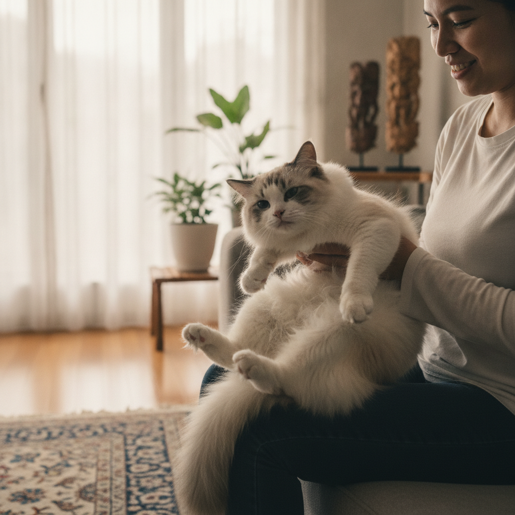 A Ragdoll cat going limp and relaxed while being held in someone's arms