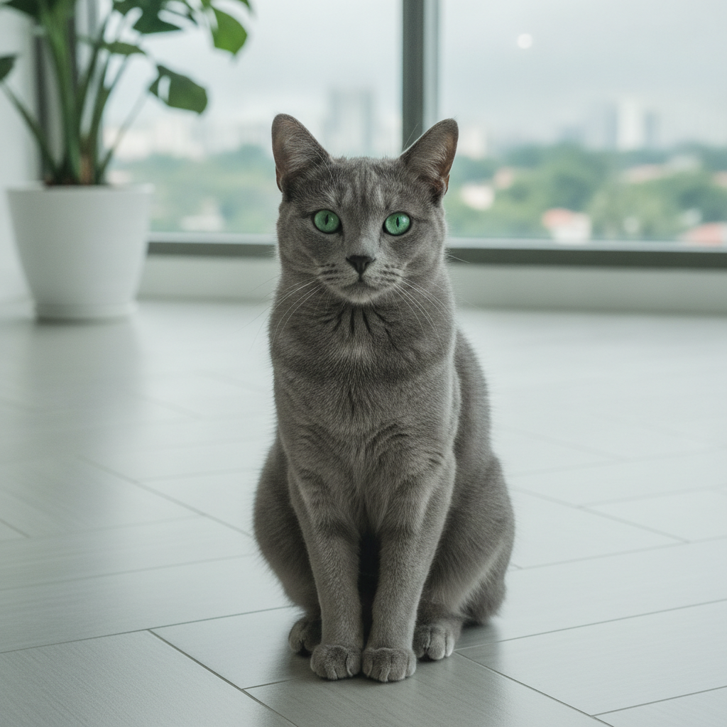 一只拥有丰厚银蓝色被毛和鲜亮绿眼的俄罗斯蓝猫,在马来西亚公寓中安坐