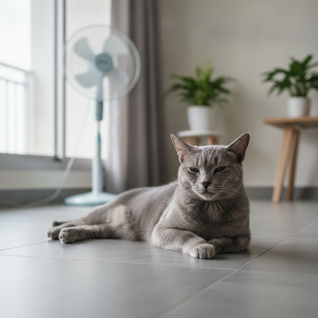 一只俄罗斯蓝猫在马来西亚公寓凉爽的瓷砖地板上休息