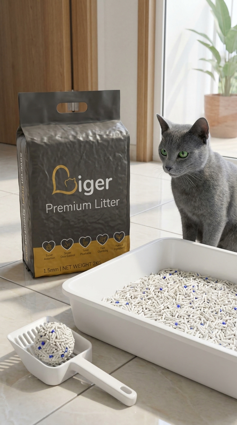 Liger 优质豆腐猫砂摆放在俄罗斯蓝猫干净猫砂盆旁