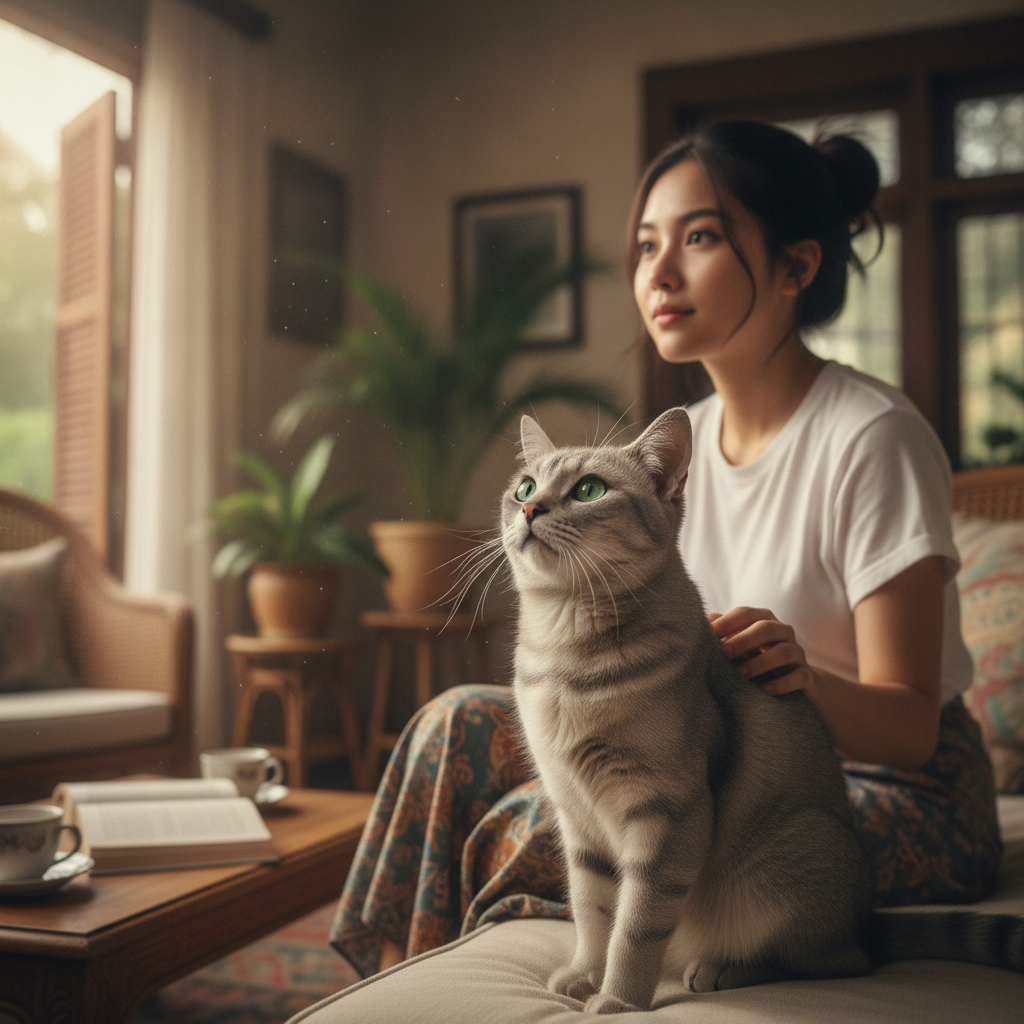 一只俄罗斯蓝猫在马来西亚安静的家中紧靠主人坐着