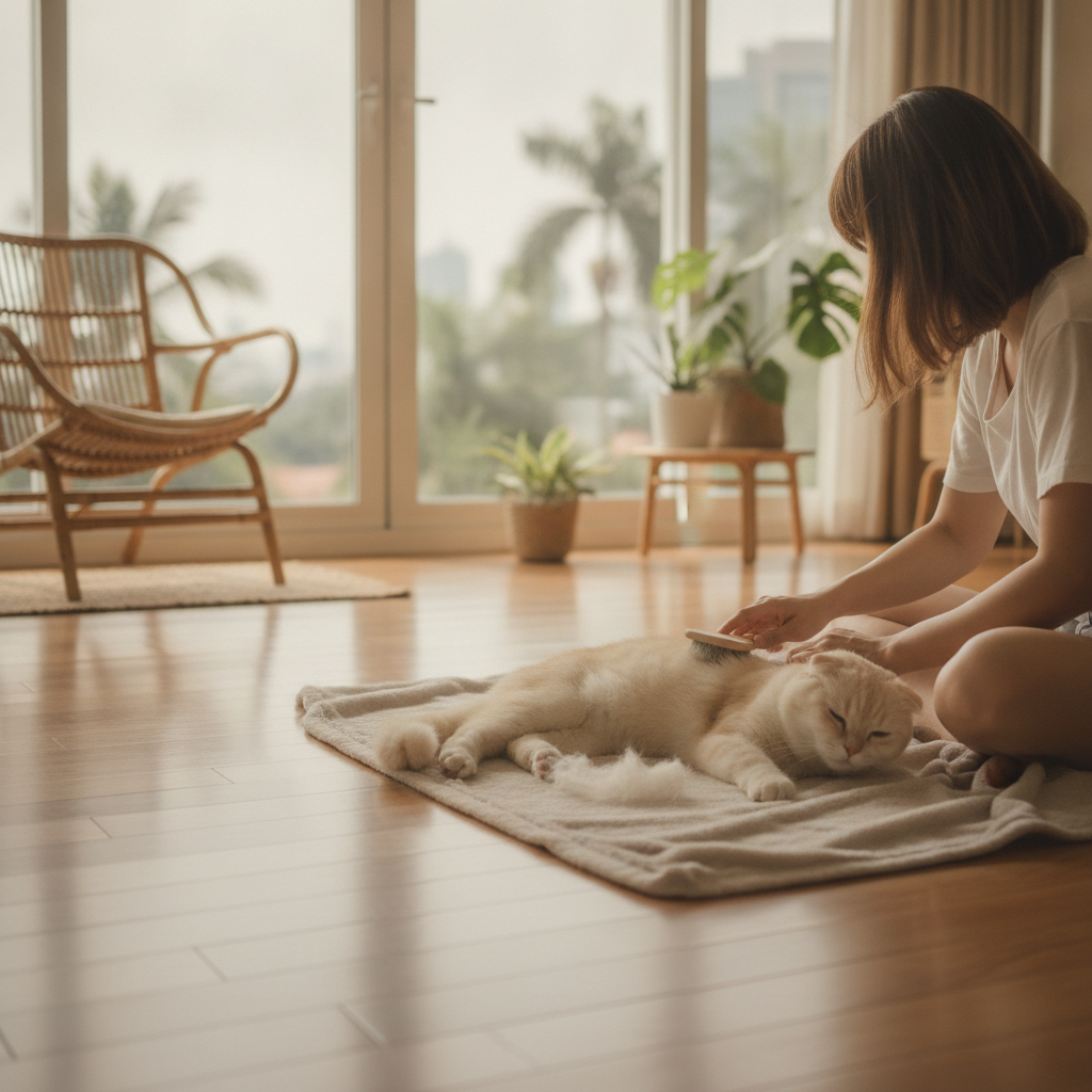 A Scottish Fold cat being groomed in a Malaysian apartment