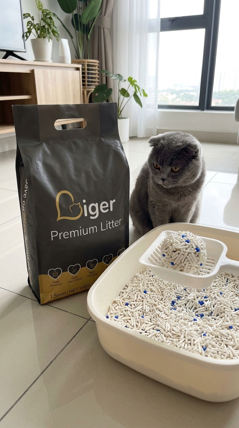 Liger Premium tofu cat litter beside a low-entry litter box for a Scottish Fold cat