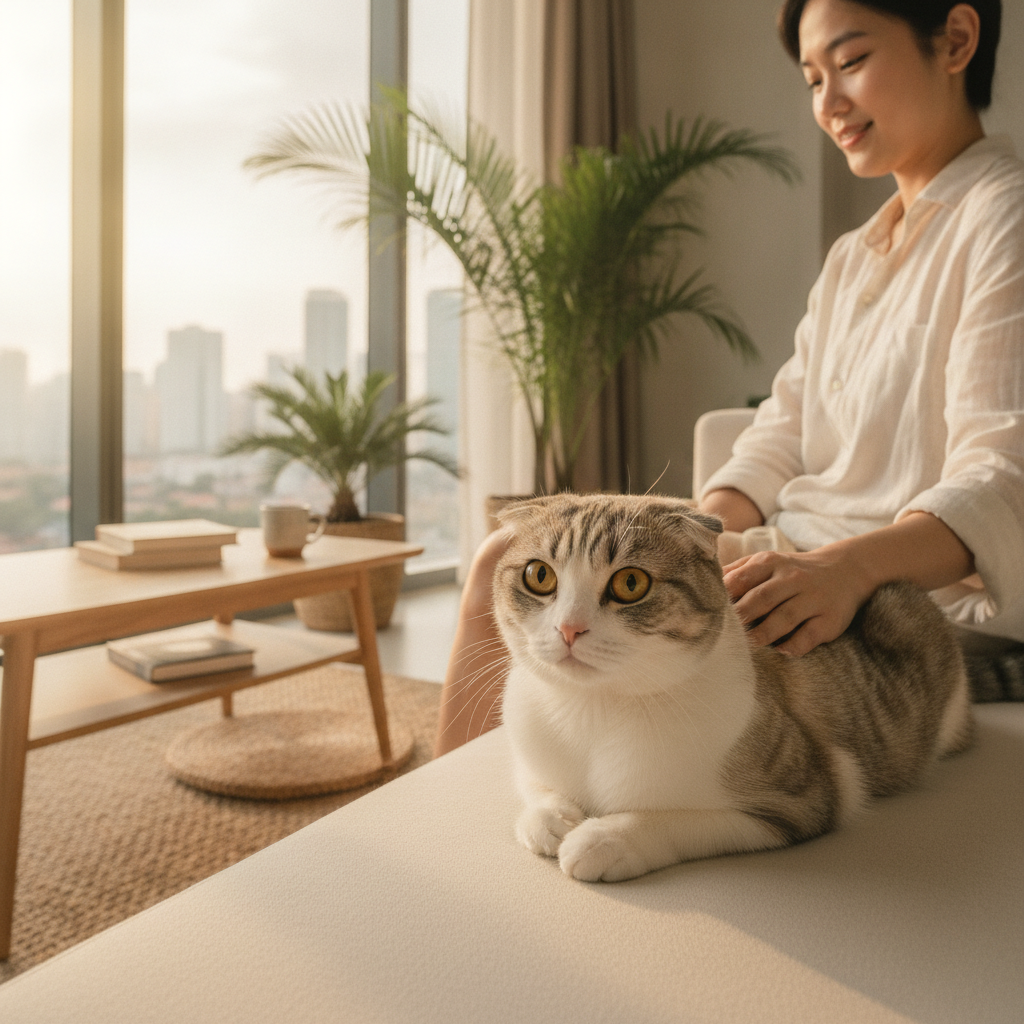 A calm Scottish Fold cat sitting peacefully on a sofa in a Malaysian home