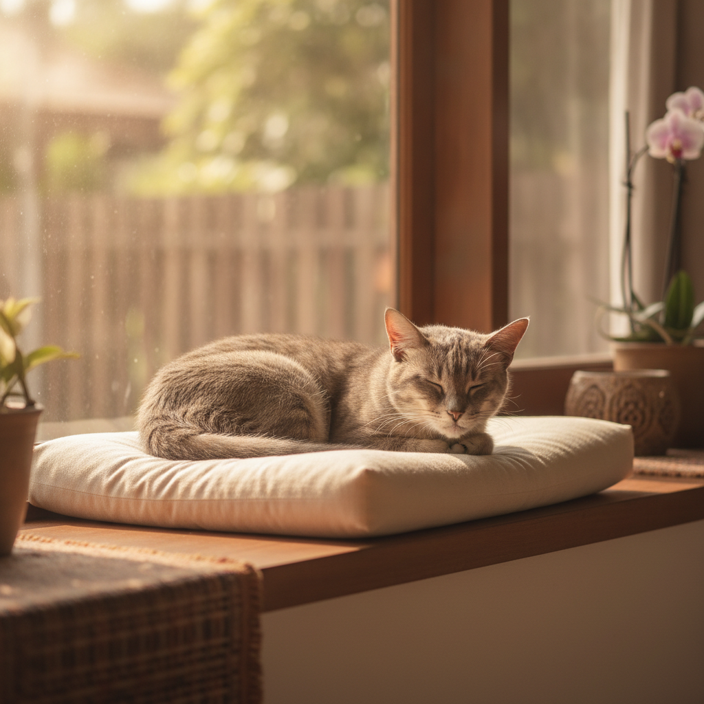 A calm senior grey cat resting on a cushion by a window in a Malaysian home