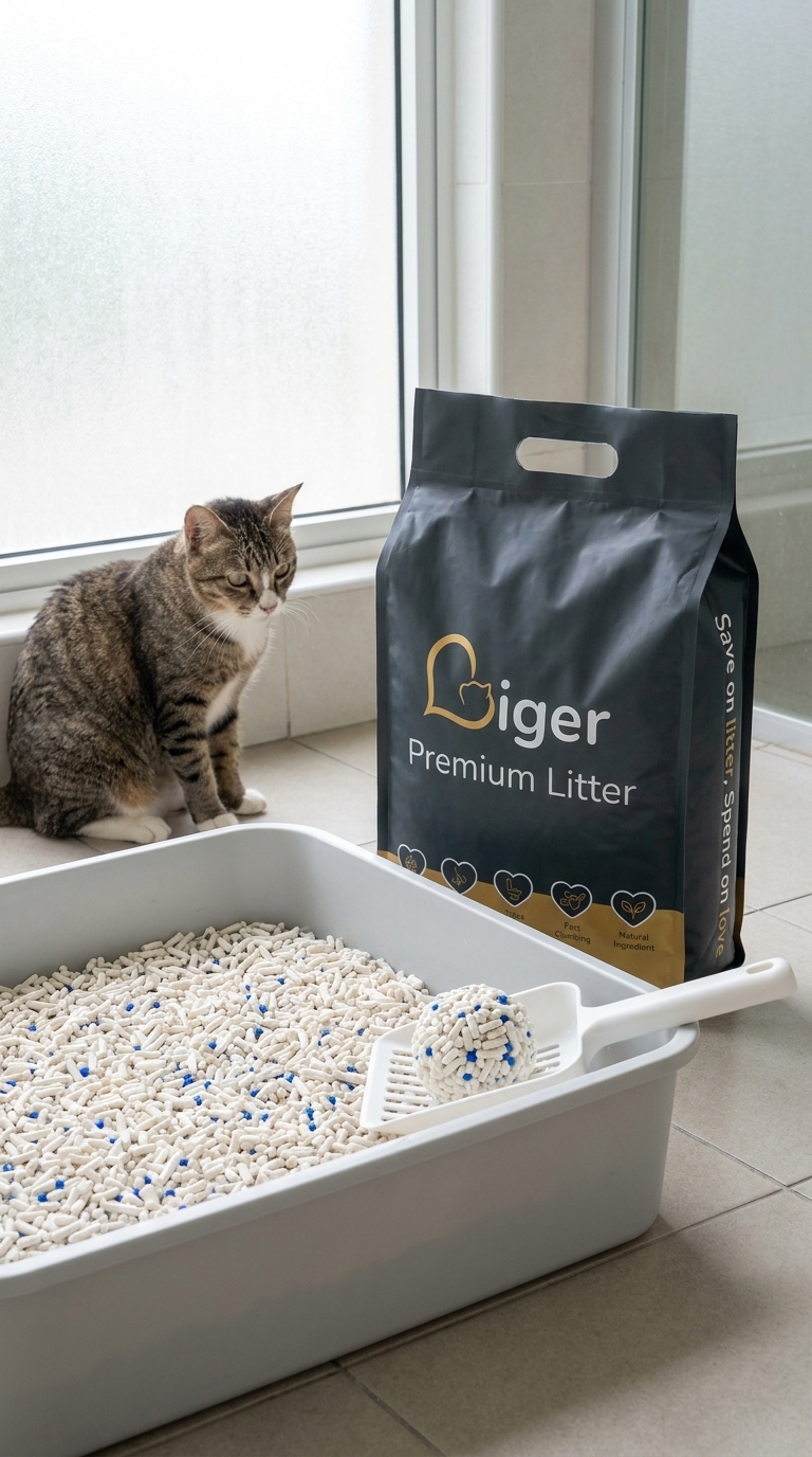 Liger豆腐猫砂包装袋立在干净的猫砂盆旁,用于监测老年猫的排尿状况