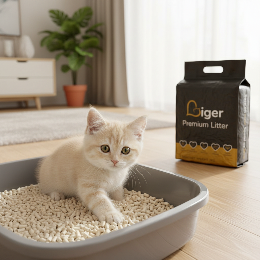 Anak kucing comel di dalam kotak pasir yang berisi Liger Tofu Cat Litter