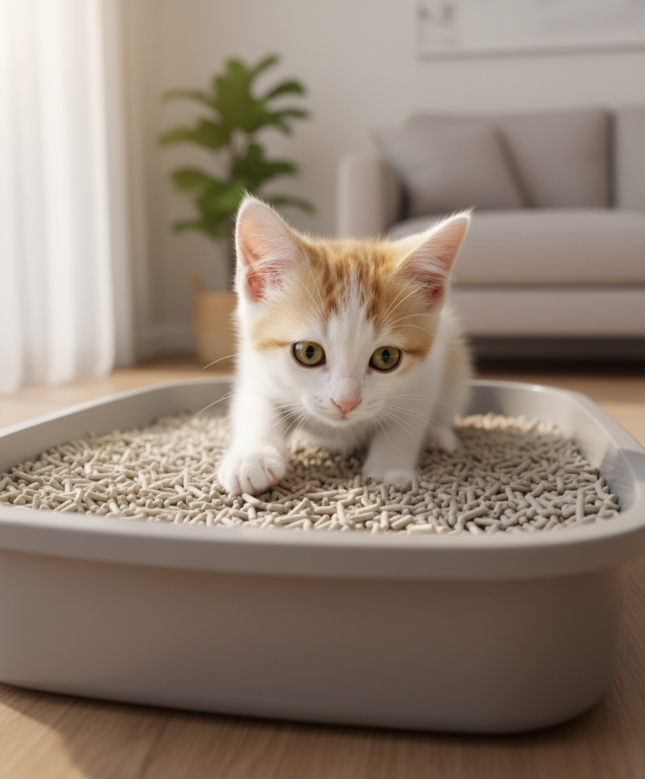 Anak kucing yang ingin tahu menghidu pasir kucing tofu dalam kotak cetek