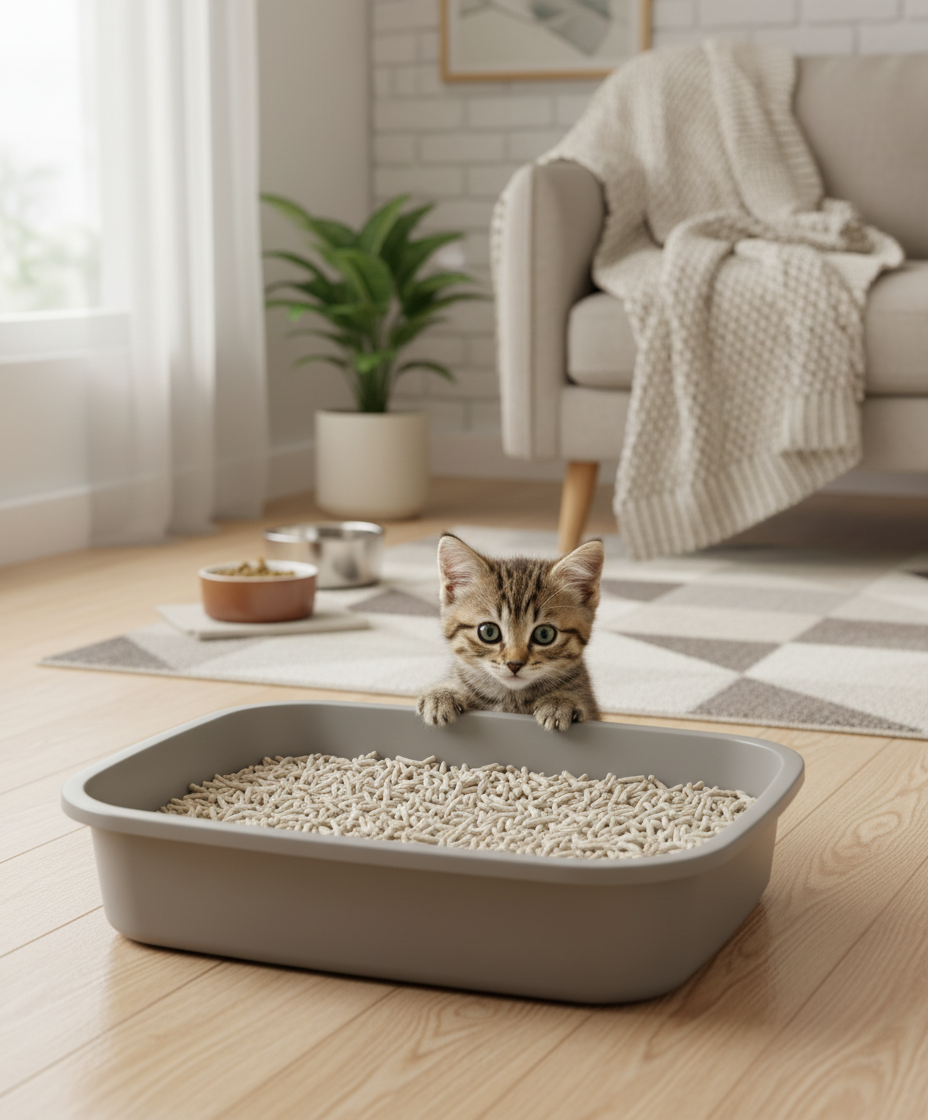 Kotak pasir rendah, pintu masuk cetek dengan pasir tofu untuk anak kucing