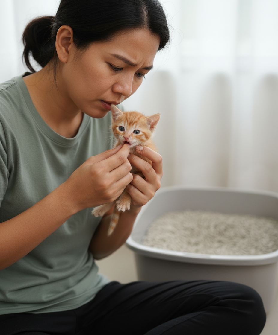 Ibu bapa kucing yang bimbang memeriksa anak kucing selepas disyaki menelan pasir kucing