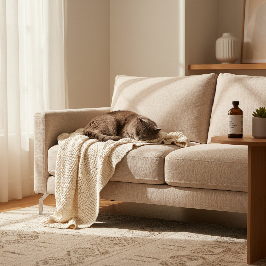 A healthy cat napping peacefully in a warm, cozy Malaysian living room, symbolizing well-being and care.