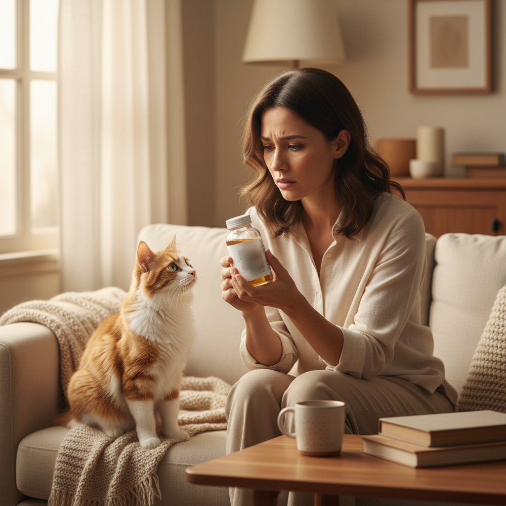 Malaysian woman looking concerned at a generic human fish oil bottle while her cat looks on
