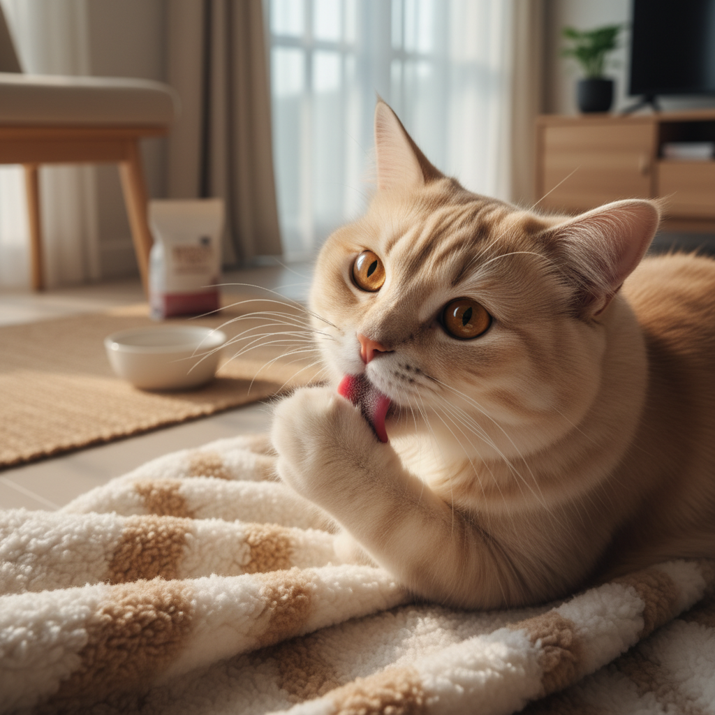Close-up of a cat with a shiny coat grooming itself