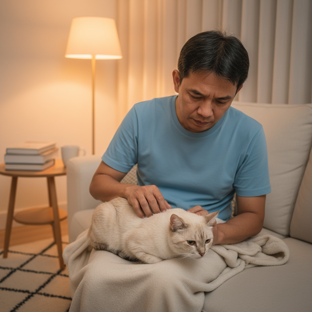 Concerned cat owner observing his cat for signs of discomfort