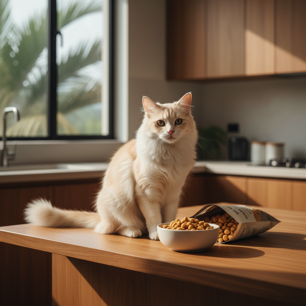 Hidangan makanan kucing kering beku dalam mangkuk bersama seekor kucing