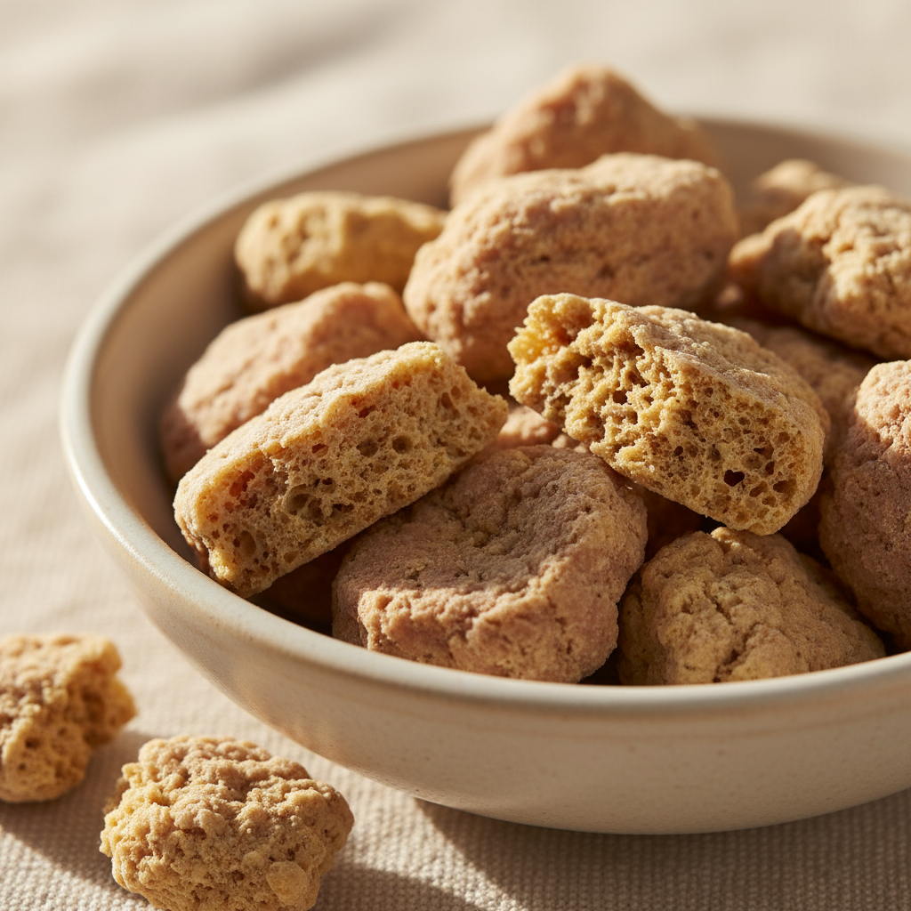 Gambar dekat kepingan makanan kucing kering beku