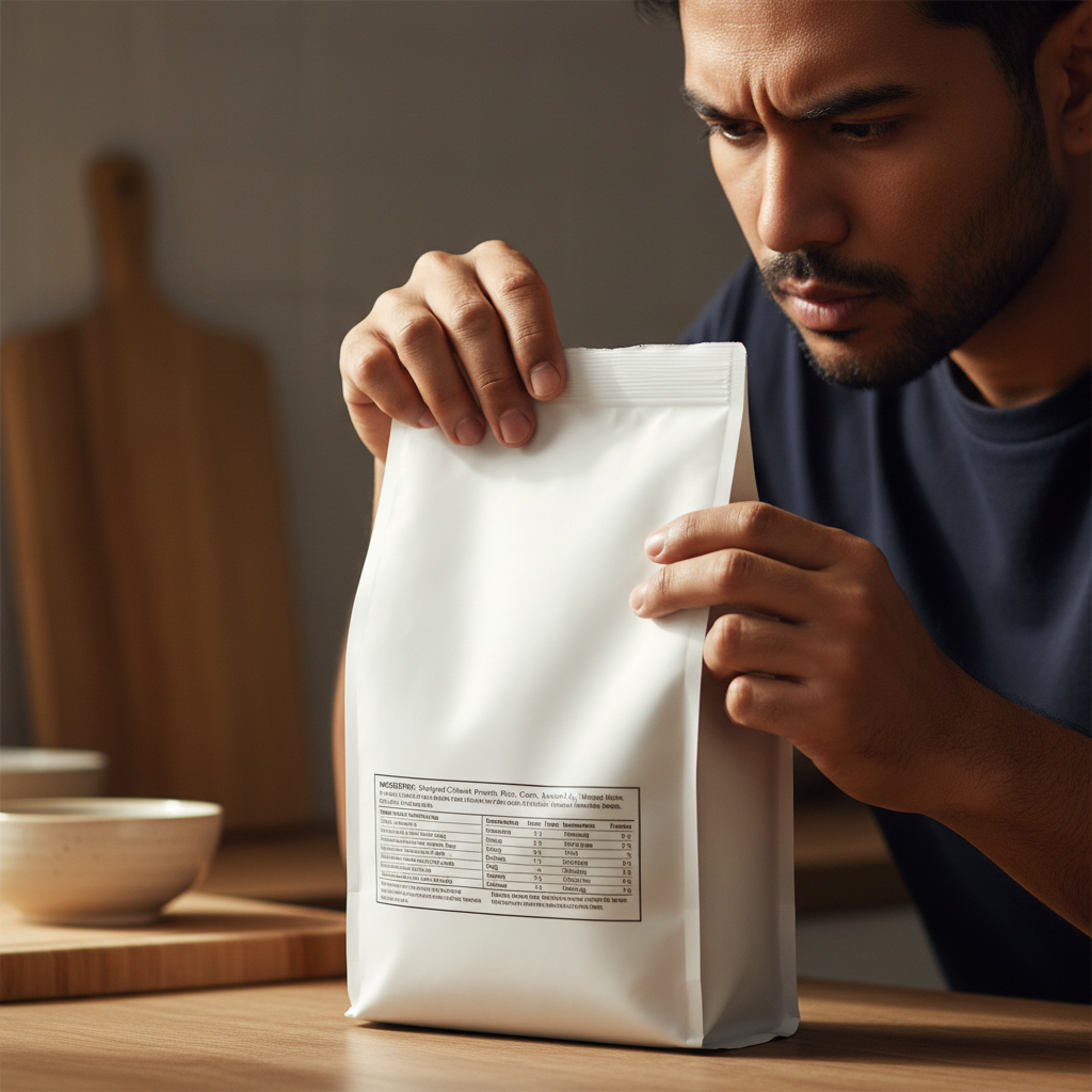 Lelaki membaca label makanan kucing kering beku