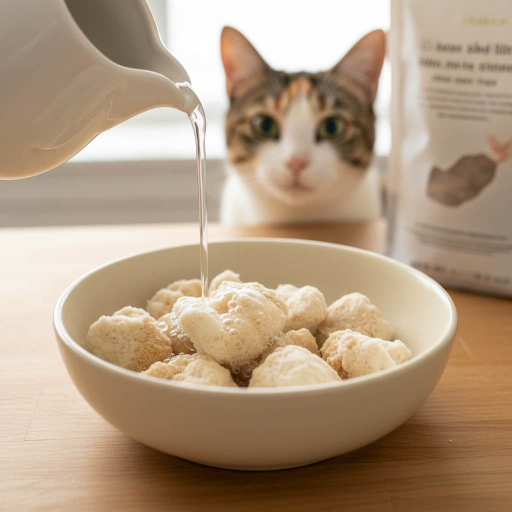 Makanan kucing kering beku yang dihidratkan semula dengan air