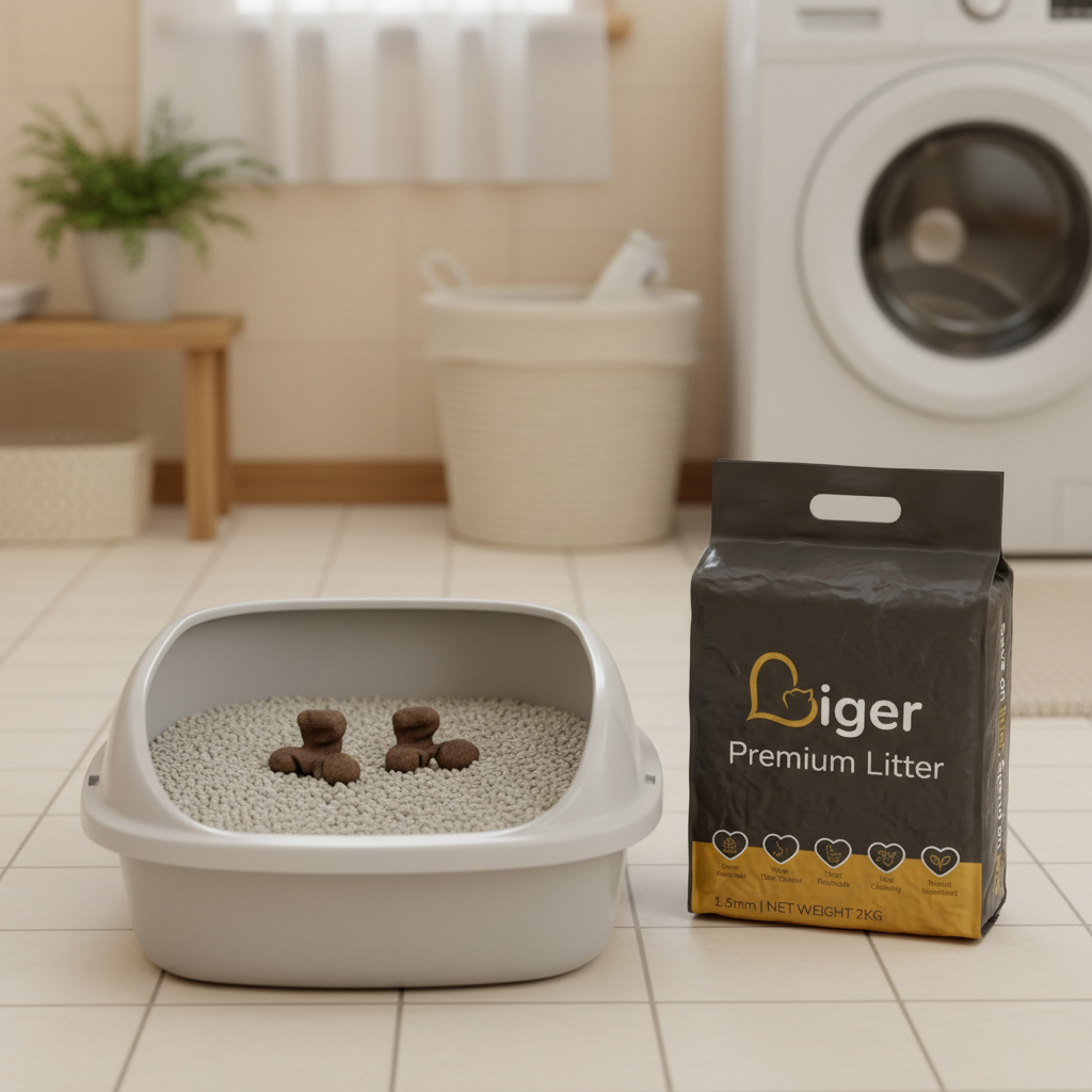 Kotak pasir bersih dengan najis kucing pejal dan pasir Liger