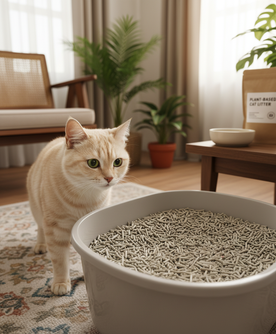 Cat sniffing tofu cat litter in a high-sided litter box