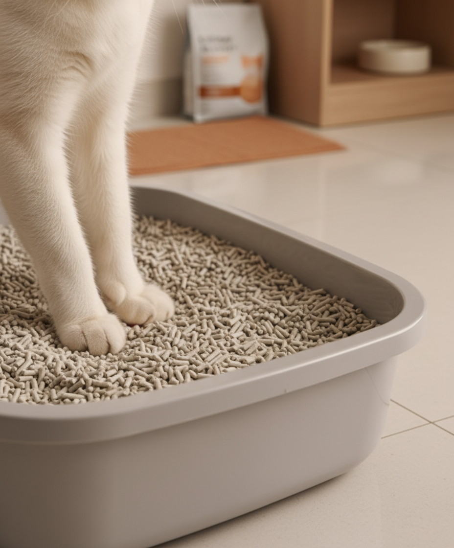 Close-up of cat's irritated paws, showing redness between toes, near tofu litter