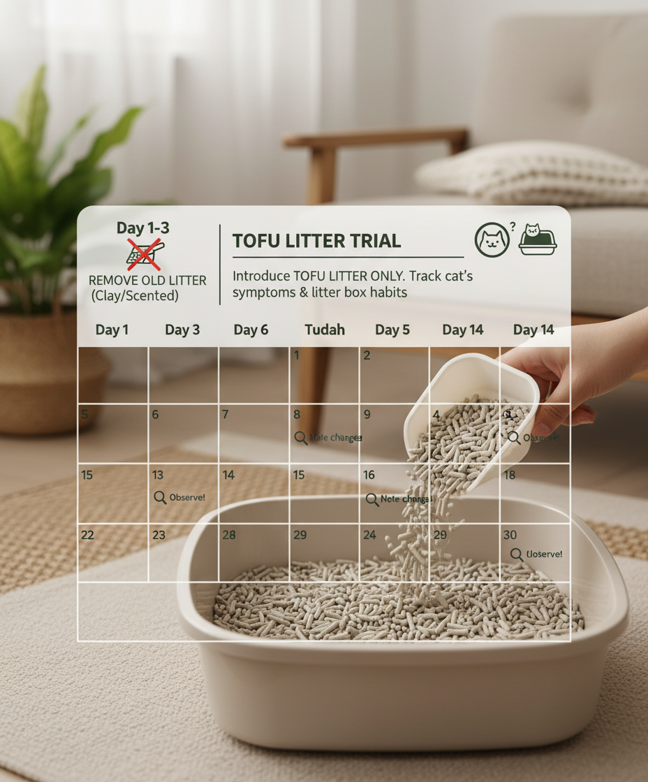 Infographic of a 14-day litter elimination protocol calendar for cats
