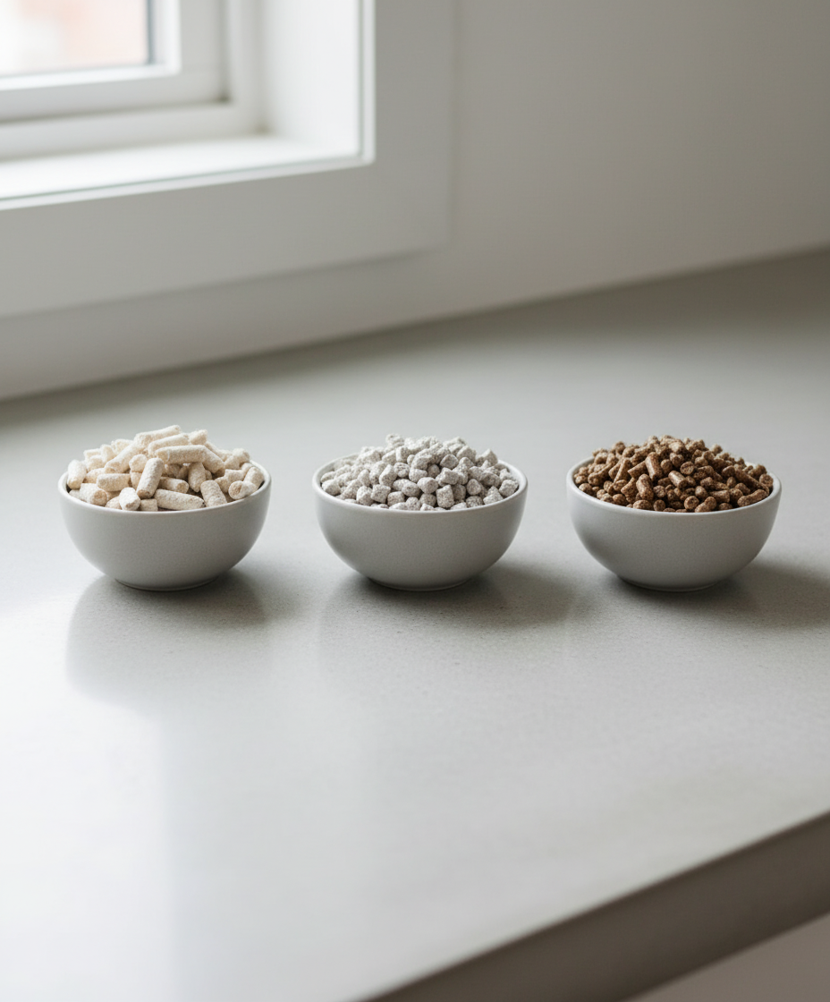 Comparison of different cat litter types: tofu, paper, and pine pellets