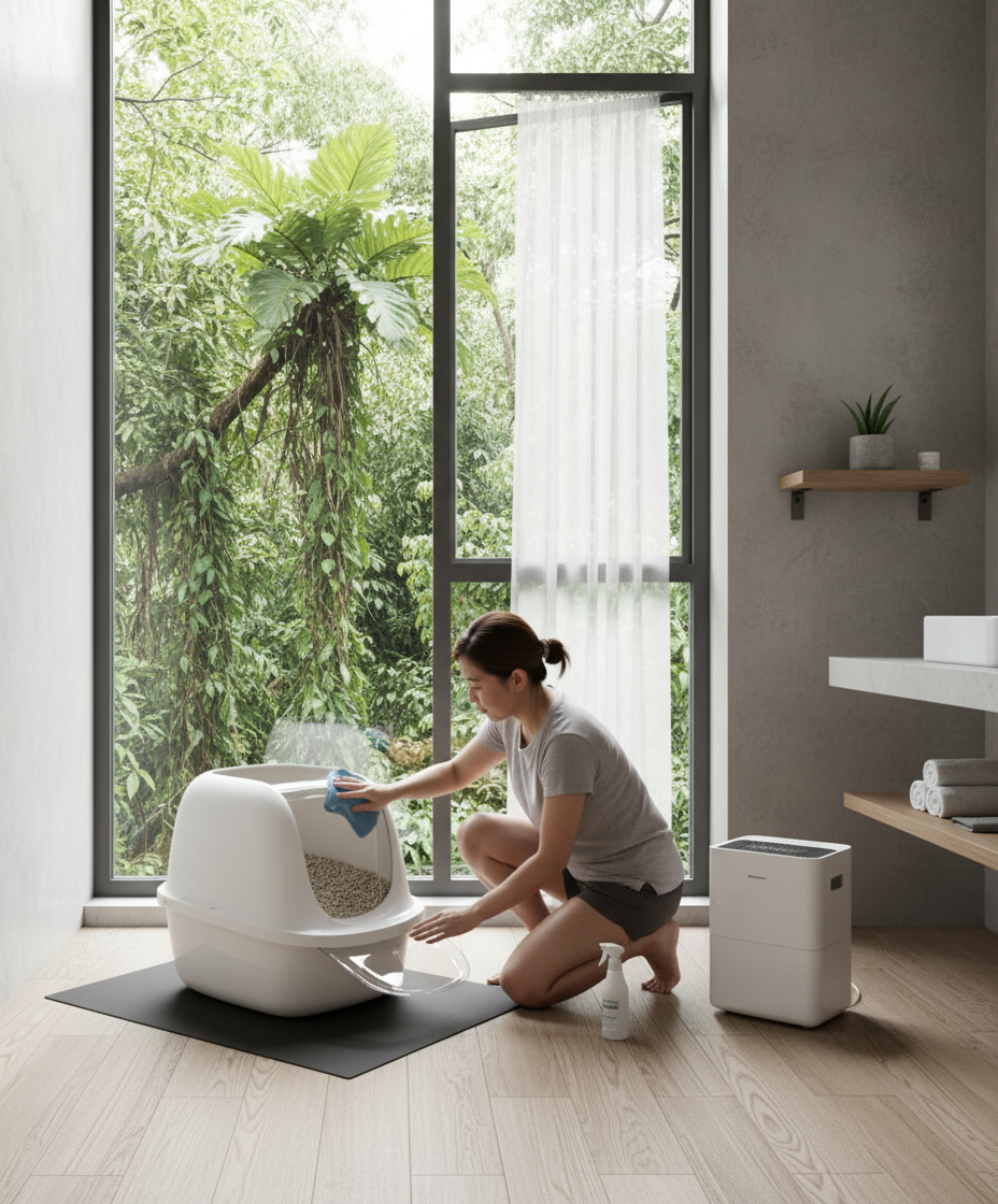 Malaysian cat owner managing tofu litter box in a humid bathroom with a dehumidifier