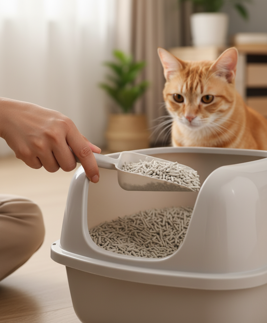 近距离拍摄手部铲取干净的豆腐猫砂,旁边有一只猫。