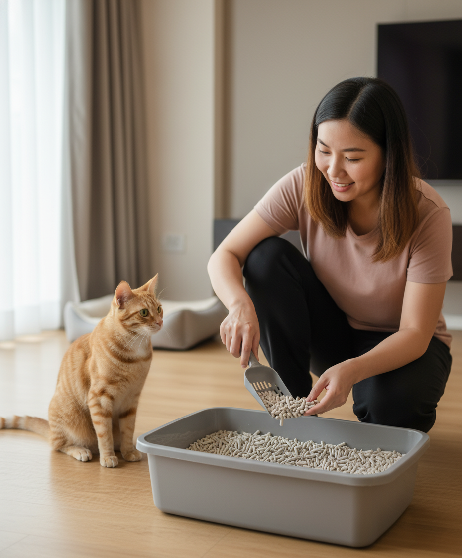 马来西亚女性在铲取干净的豆腐猫砂，展示在热带气候中认真照料猫咪的场景。