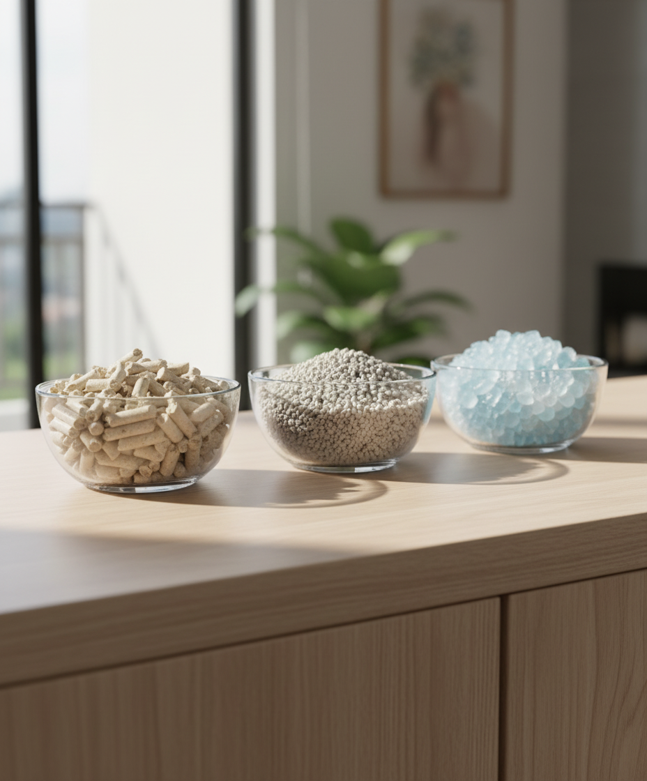 不同类型猫砂的对比：豆腐猫砂、膨润土猫砂和硅胶猫砂，展示其各自外观。