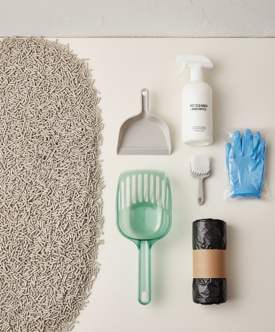 必备的猫砂清洁用品，包括铲子、手套和清洁剂。