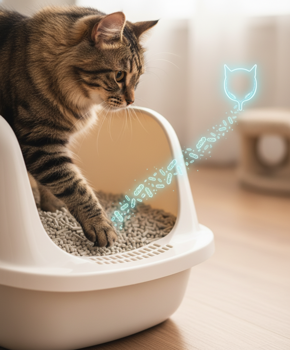 猫咪从Liger豆腐猫砂中走出，展示细菌从猫砂盆到膀胱的传播途径