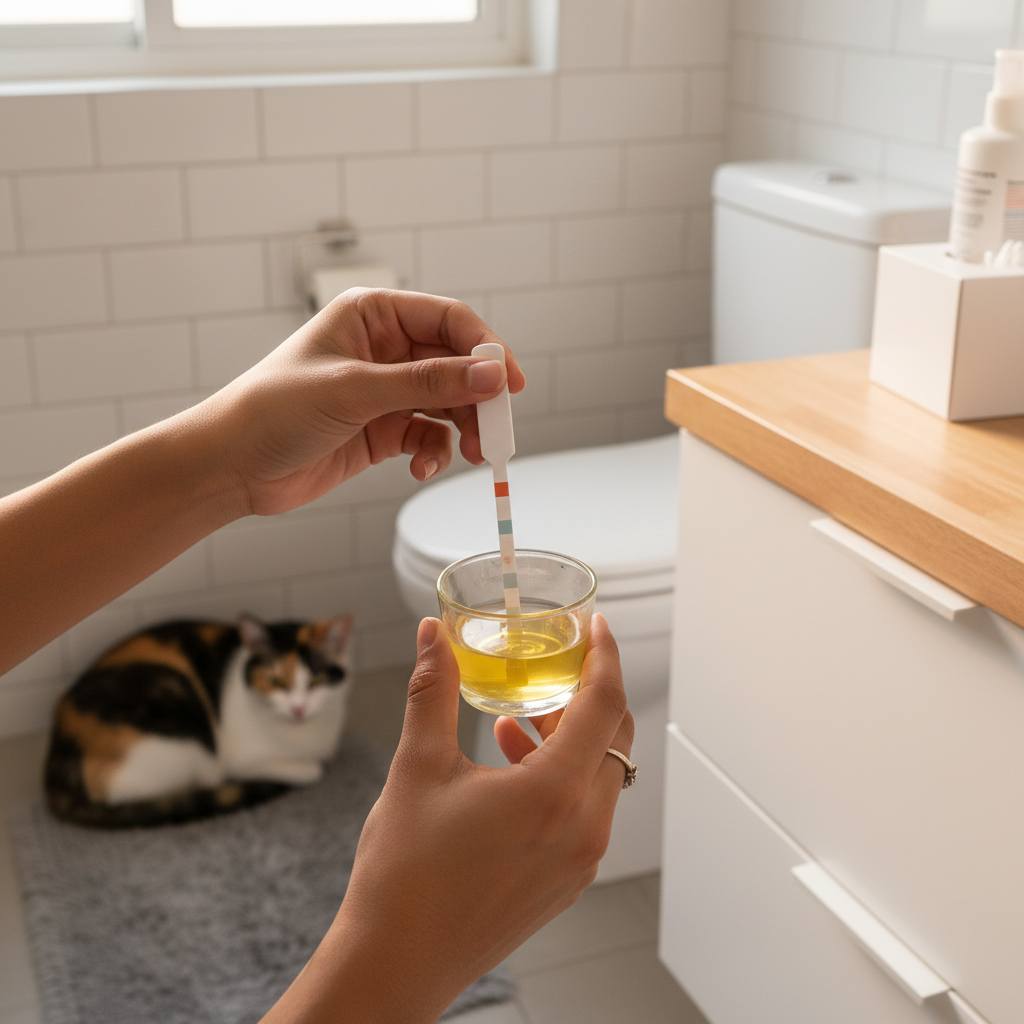 马来西亚猫主人用家用试纸检查猫咪尿液