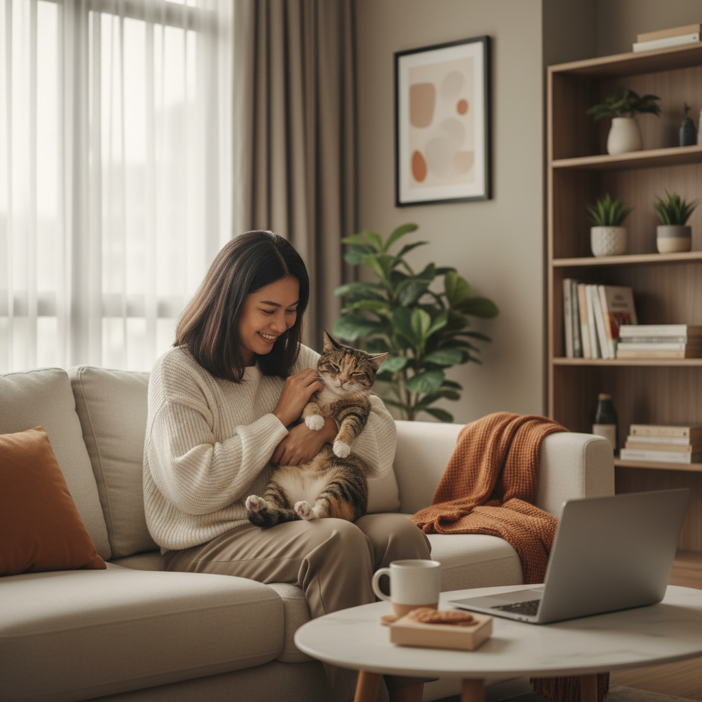 Ibu bapa kucing Malaysia memegang kucing domestik berbulu pendek, menunjukkan kasih sayang di rumah yang selesa.