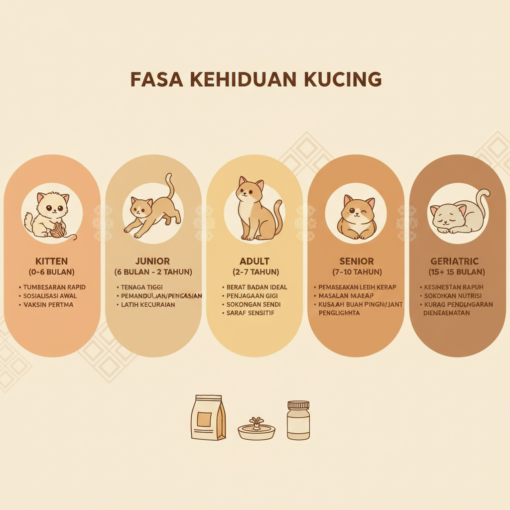 Infografik menunjukkan peringkat kehidupan kucing dari anak kucing hingga geriatrik dengan julat umur dan ciri-ciri utama.